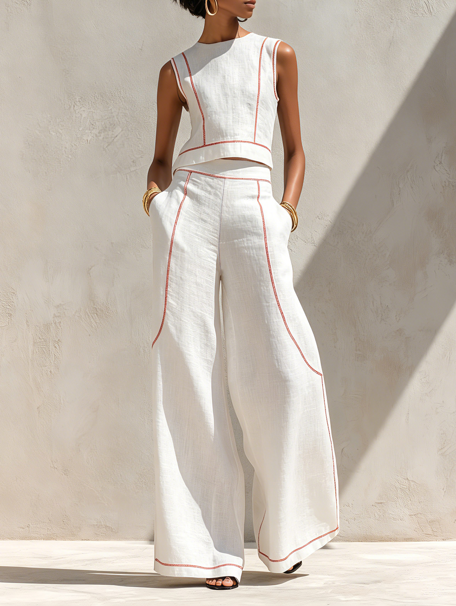 Elegant Contrast-Stitched Pants Set