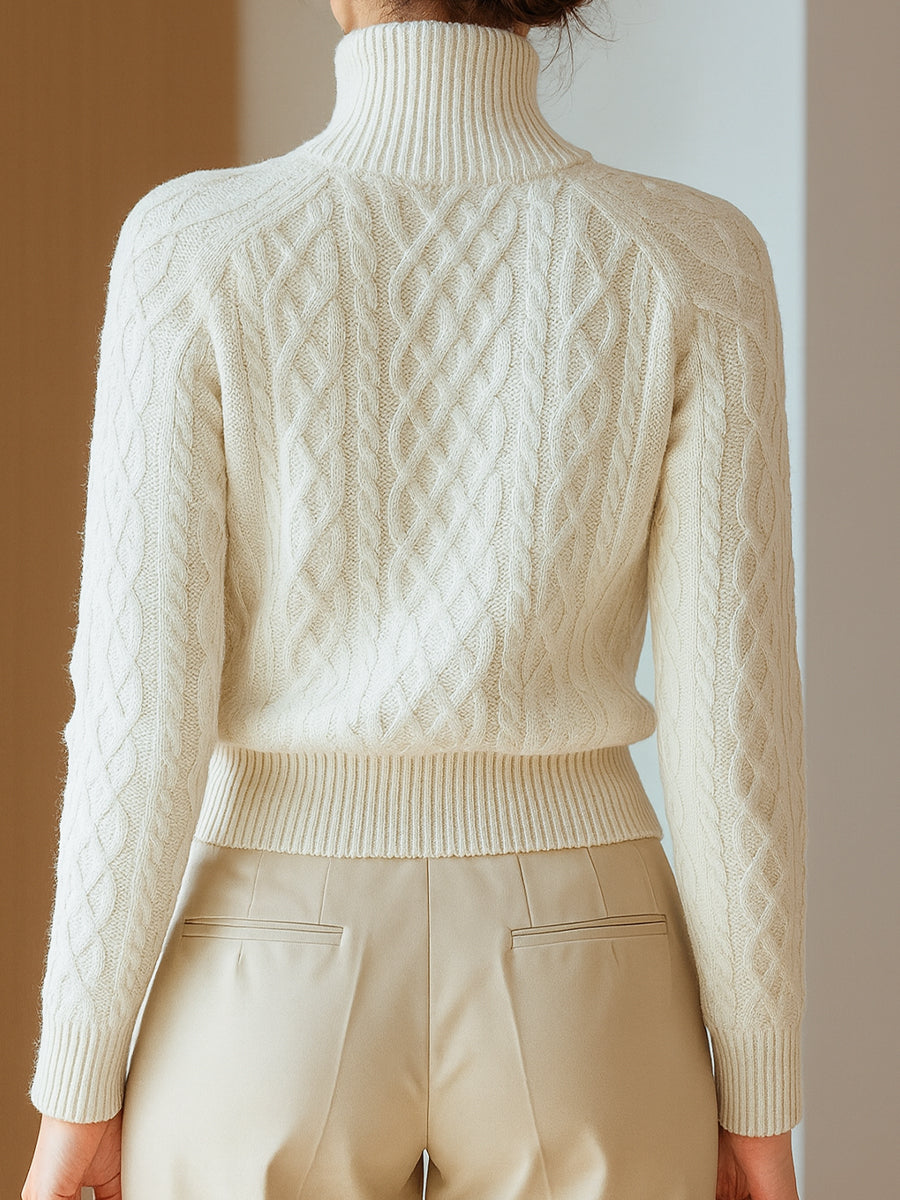 White Cable Knit Zip-Up Cardigan with Stand Collar