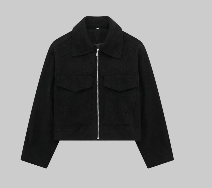 Cropped Wool Jacket with Large Chest Pockets and Structured Collar