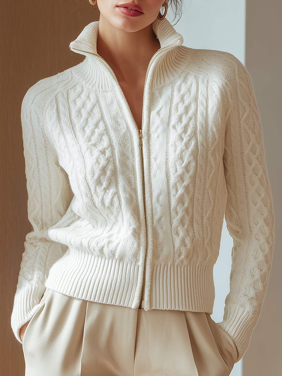 White Cable Knit Zip-Up Cardigan with Stand Collar