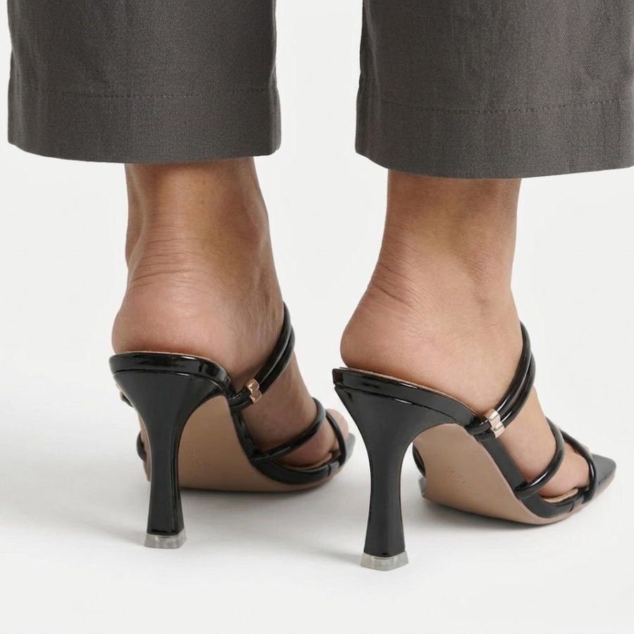Black Strappy Heeled Mules with Square Toe and Stiletto Heel