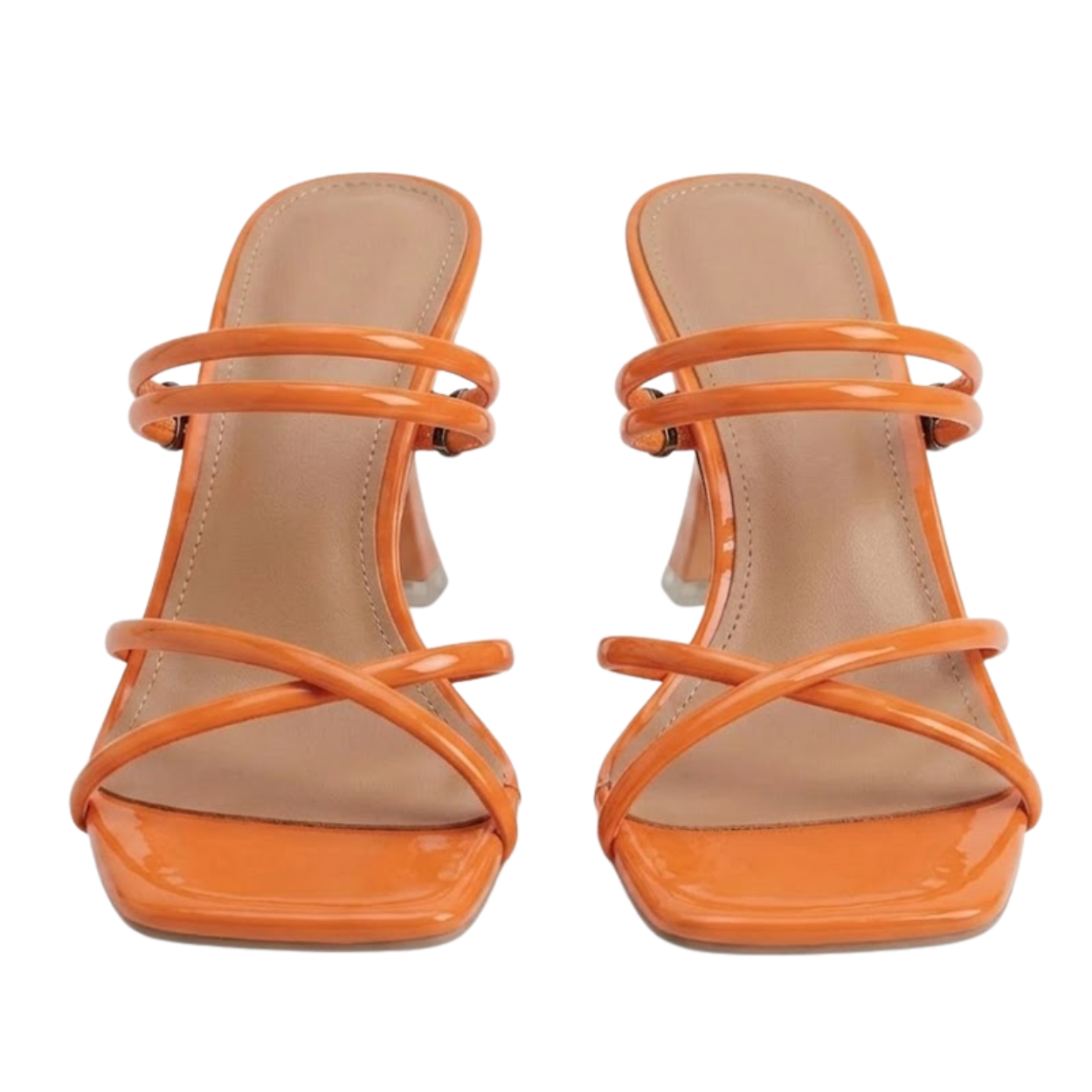 Black Strappy Heeled Mules with Square Toe and Stiletto Heel