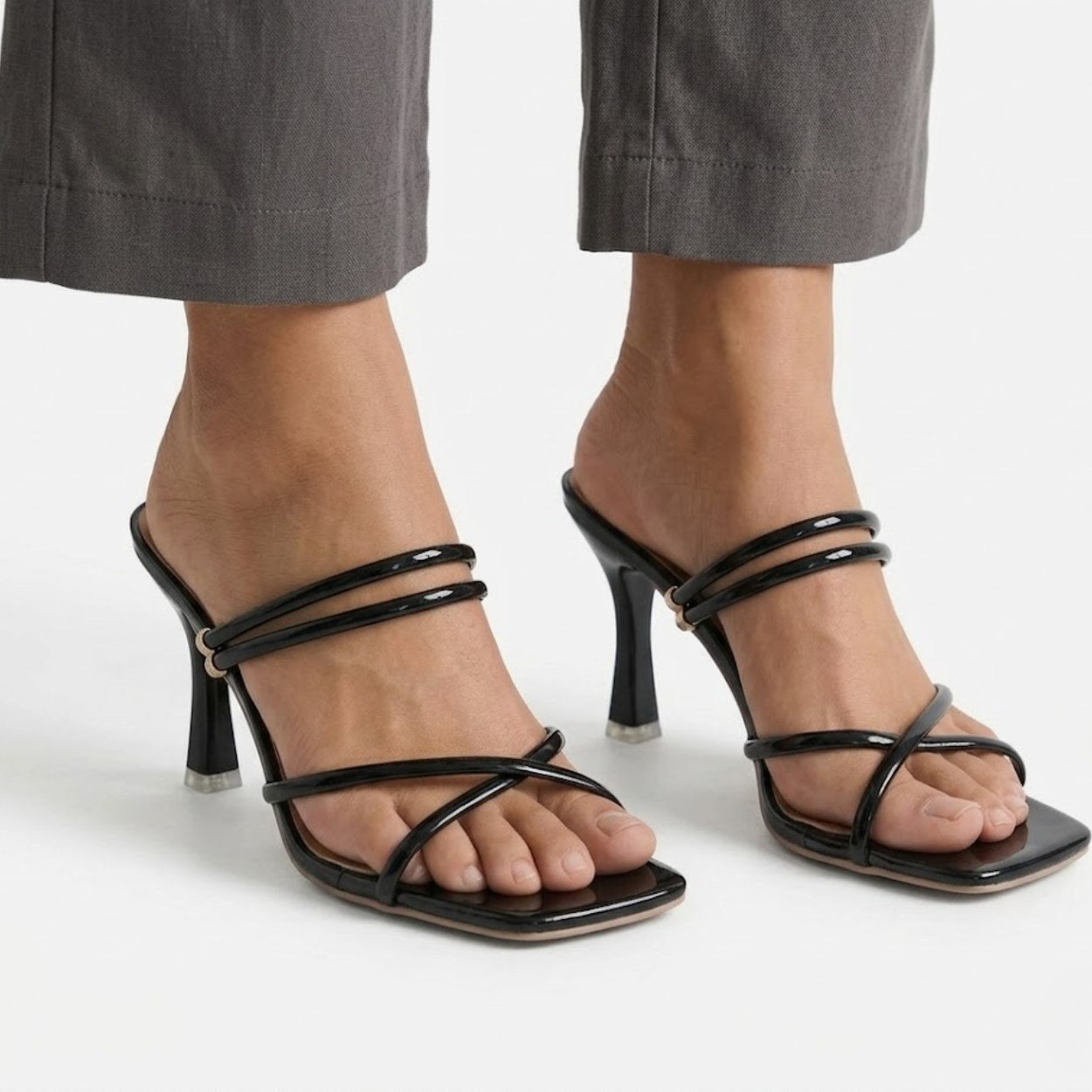 Black Strappy Heeled Mules with Square Toe and Stiletto Heel