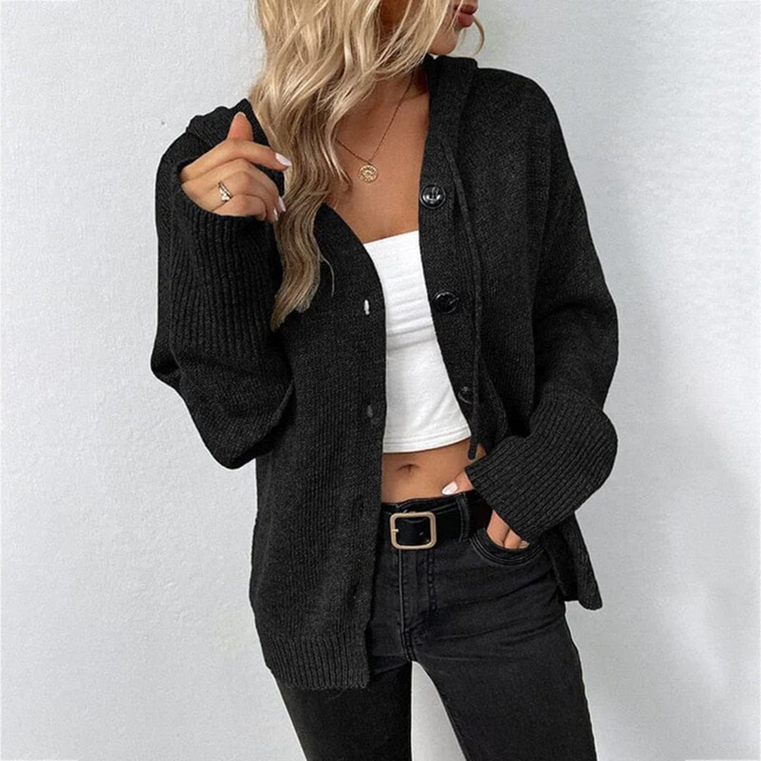 Relaxed Hooded Knit Cardigan with Large Button Closure