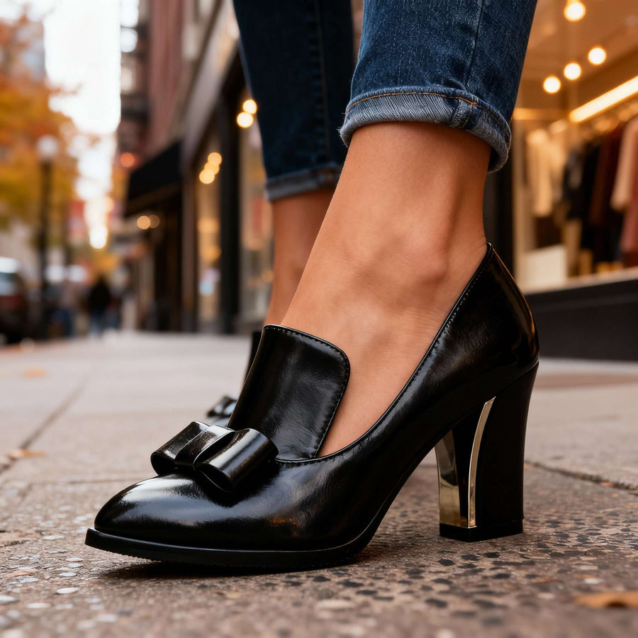Block Heel Pumps with Bow Detail and Gold Heel Accent