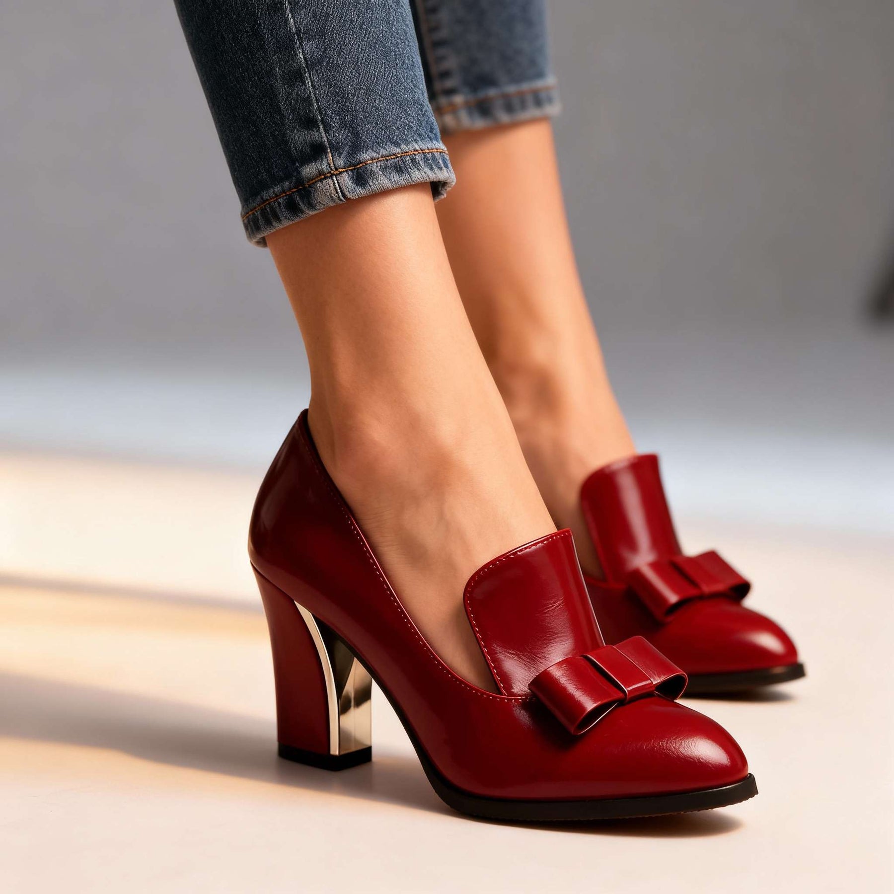 Block Heel Pumps with Bow Detail and Gold Heel Accent