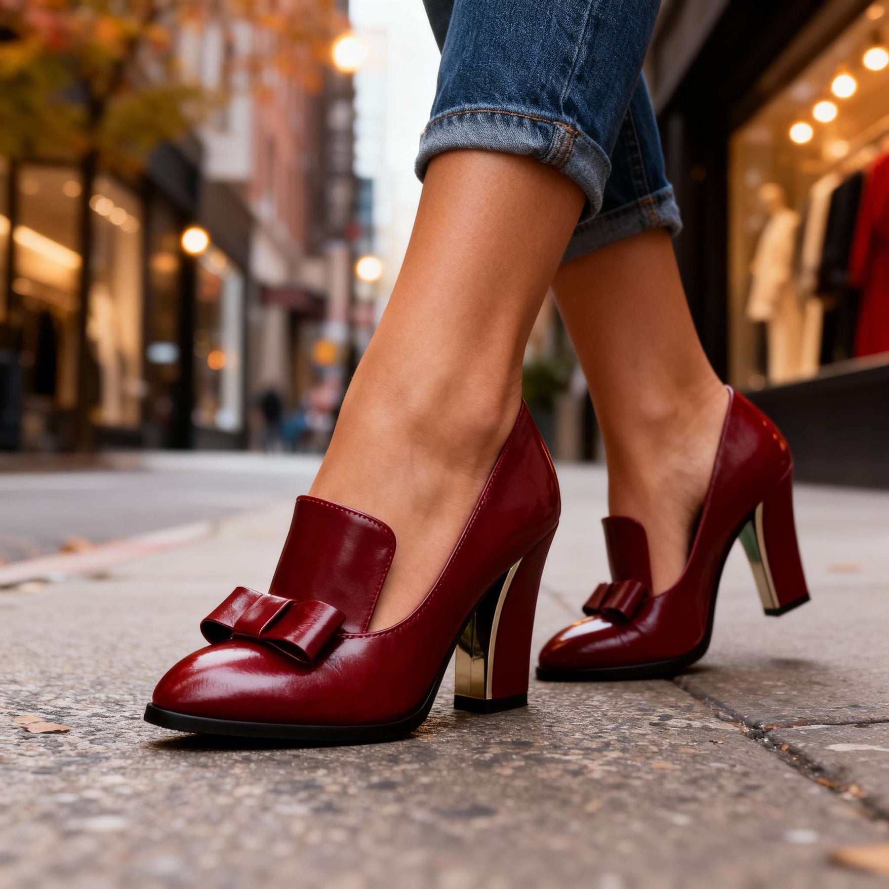 Block Heel Pumps with Bow Detail and Gold Heel Accent