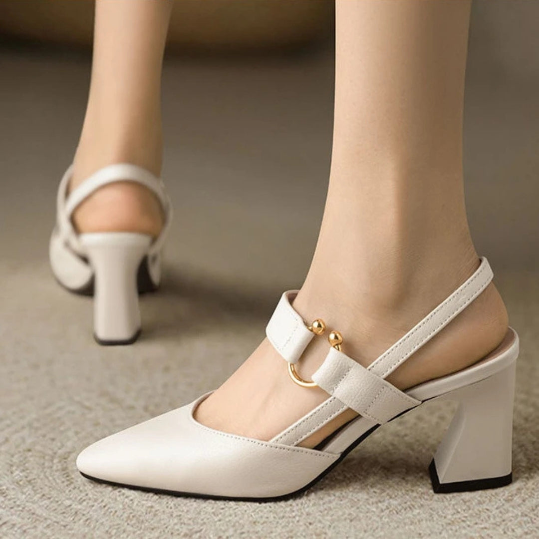 Block Heel Slingback Heels with Gold Ring Detail and Pointed Toe