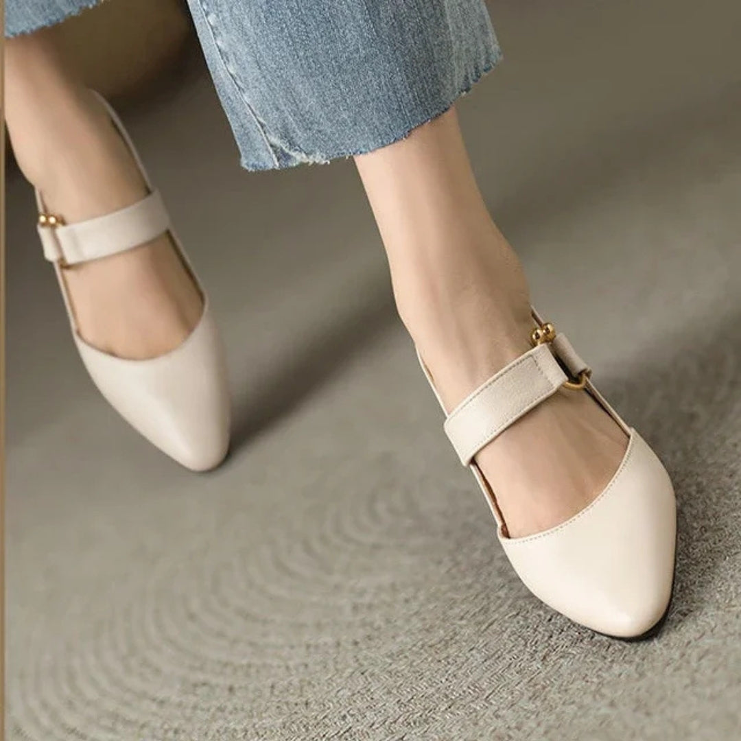 Block Heel Slingback Heels with Gold Ring Detail and Pointed Toe