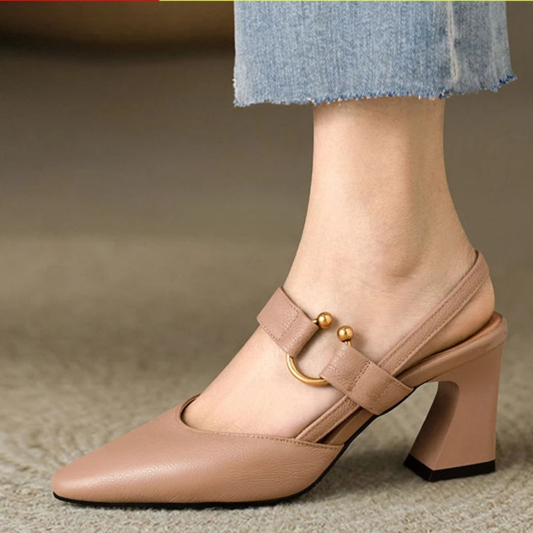 Block Heel Slingback Heels with Gold Ring Detail and Pointed Toe