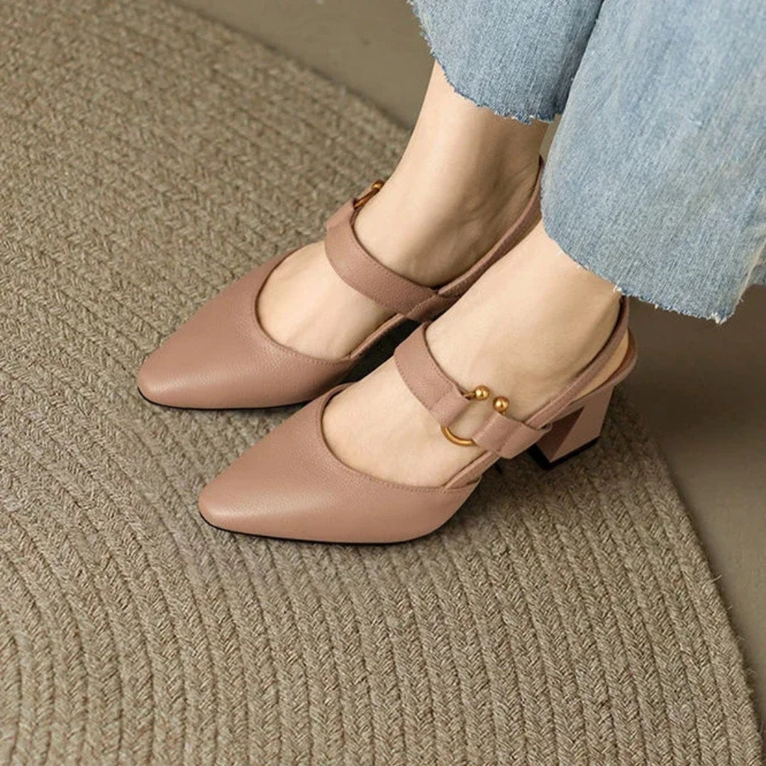 Block Heel Slingback Heels with Gold Ring Detail and Pointed Toe