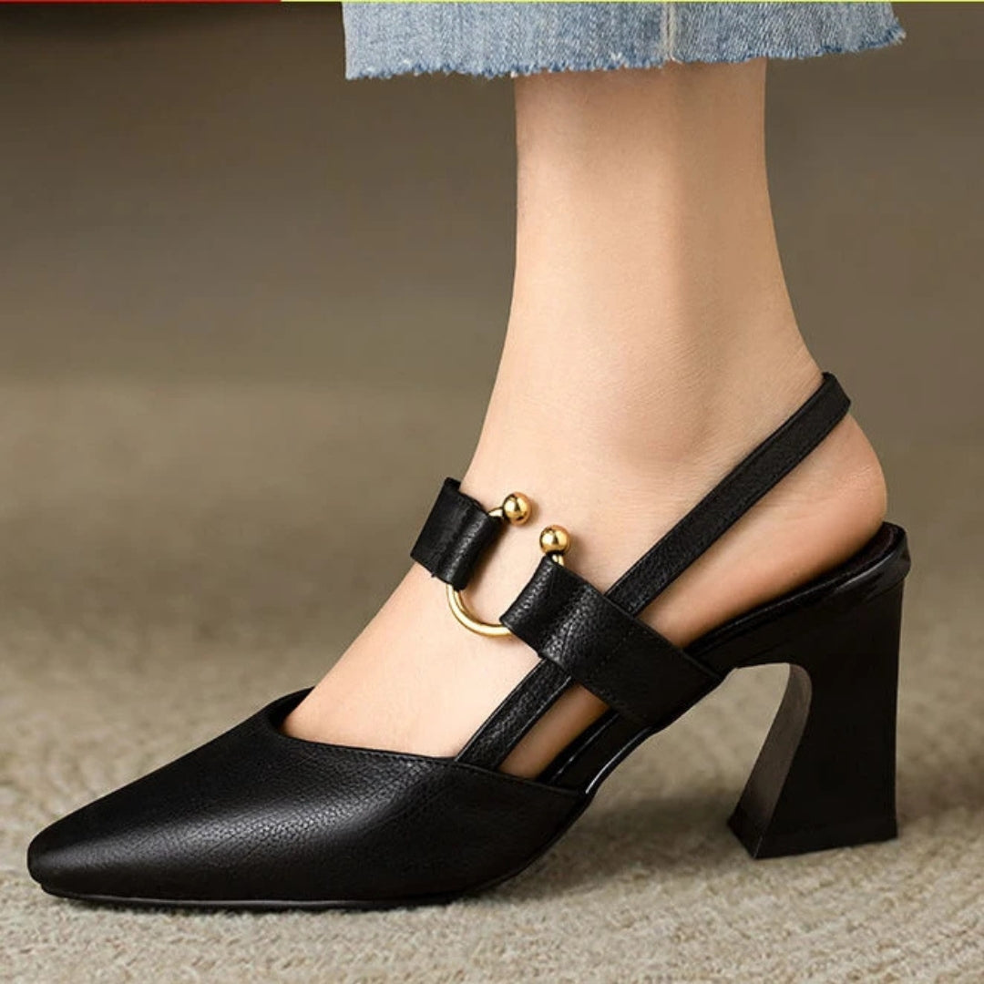 Block Heel Slingback Heels with Gold Ring Detail and Pointed Toe