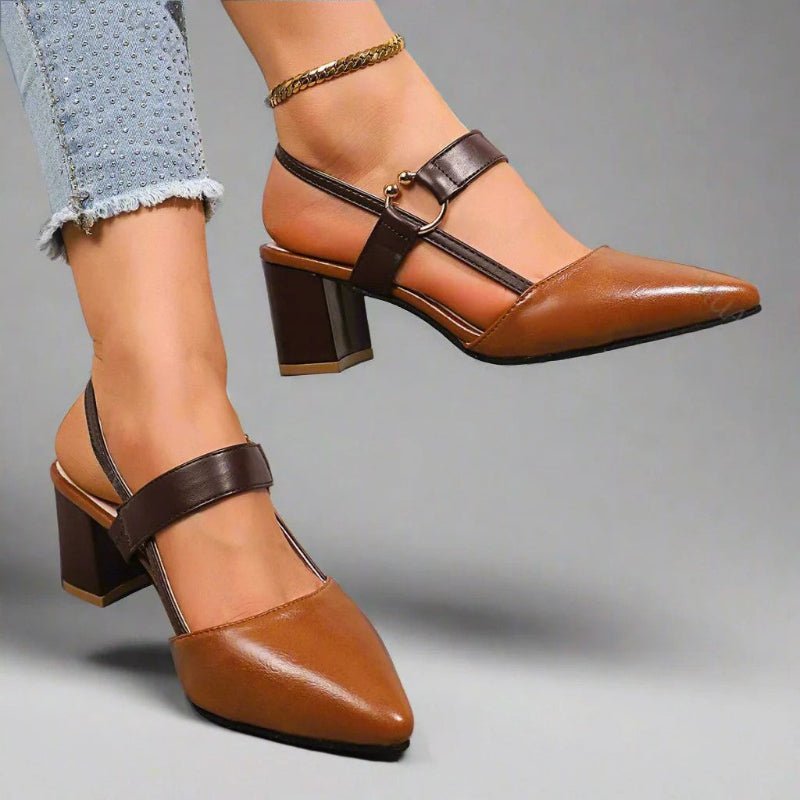 Block Slingback Heels with Pointed Toe and Buckle Strap