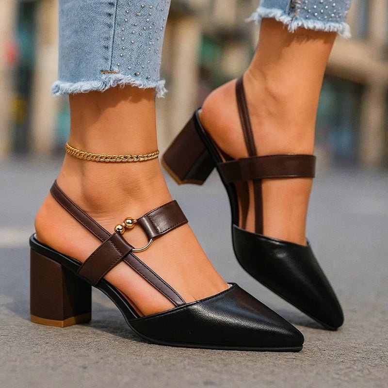 Block Slingback Heels with Pointed Toe and Buckle Strap