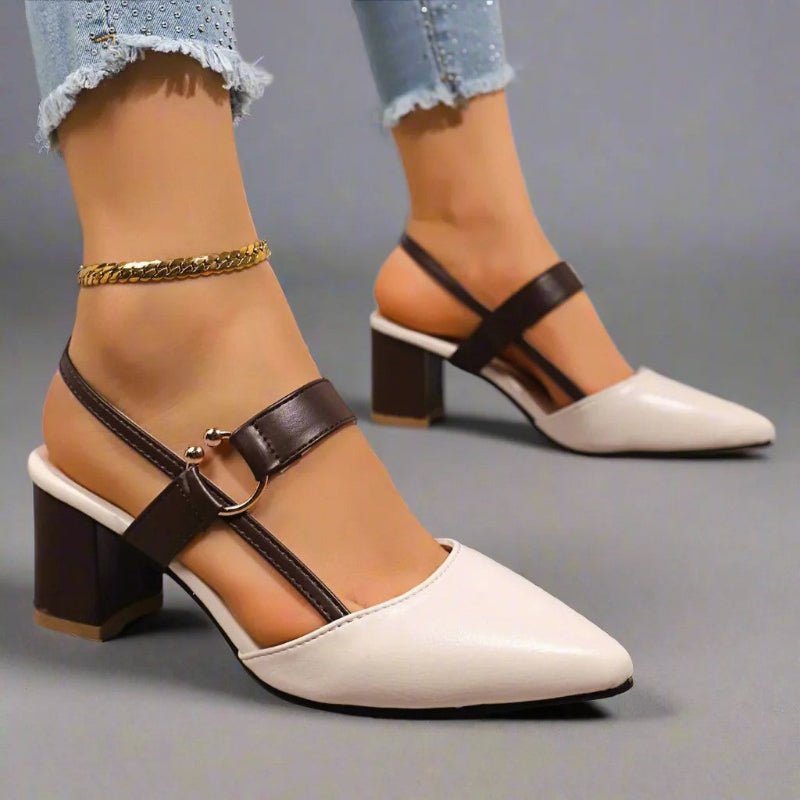 Block Slingback Heels with Pointed Toe and Buckle Strap