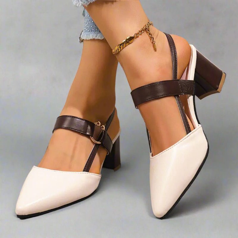 Block Slingback Heels with Pointed Toe and Buckle Strap