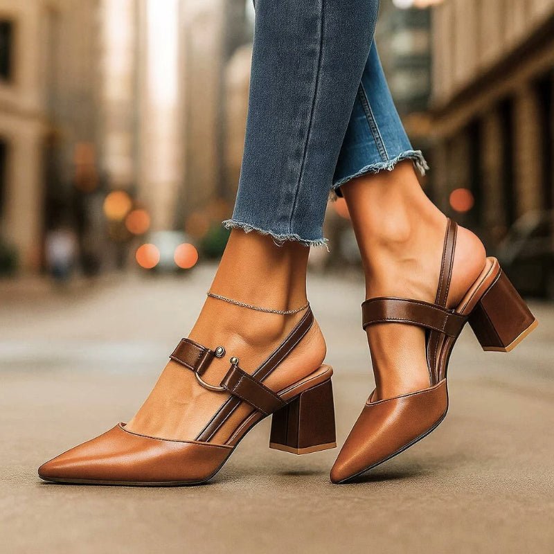 Block Slingback Heels with Pointed Toe and Buckle Strap