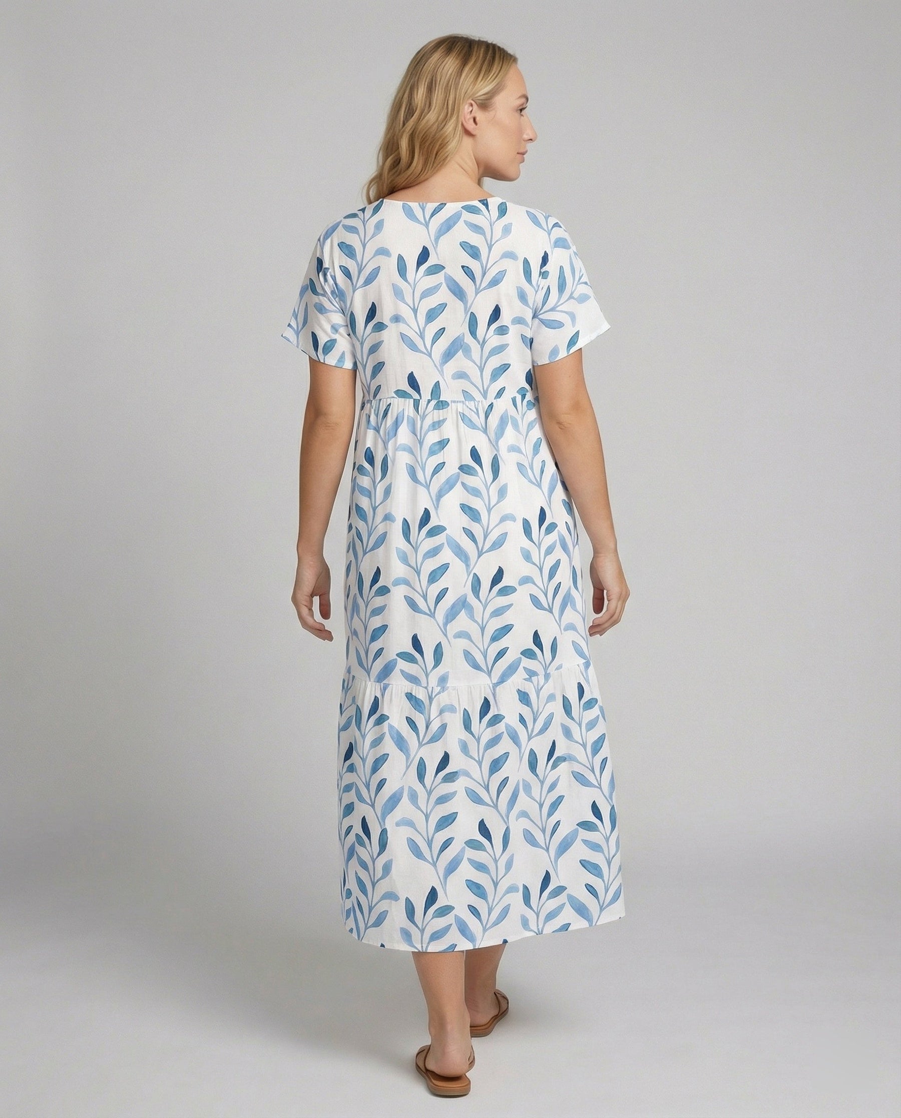 Blue Leaf Print Relaxed Midi Dress with V-Neckline and Short Sleeves