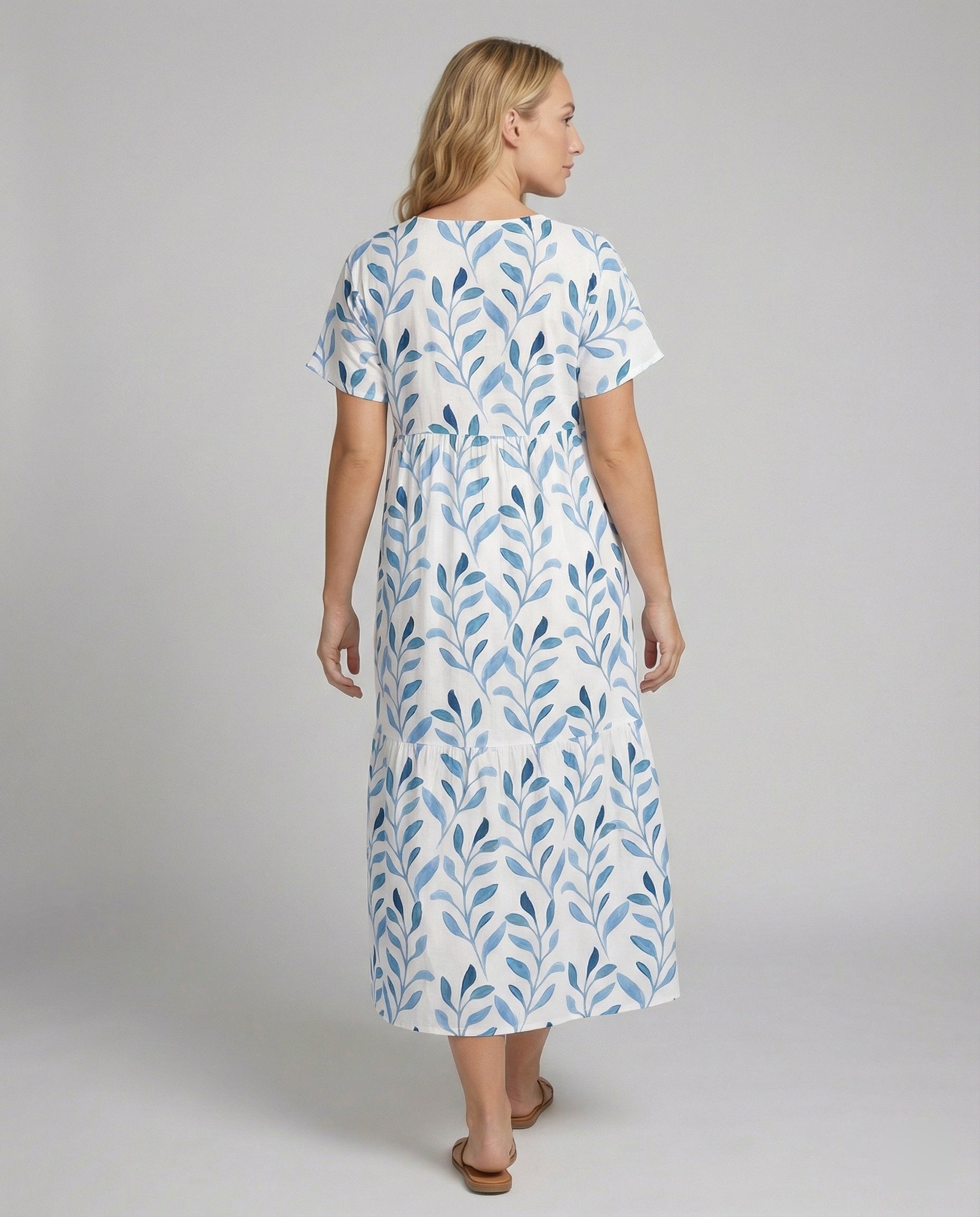 Blue Leaf Print Relaxed Midi Dress with V-Neckline and Short Sleeves
