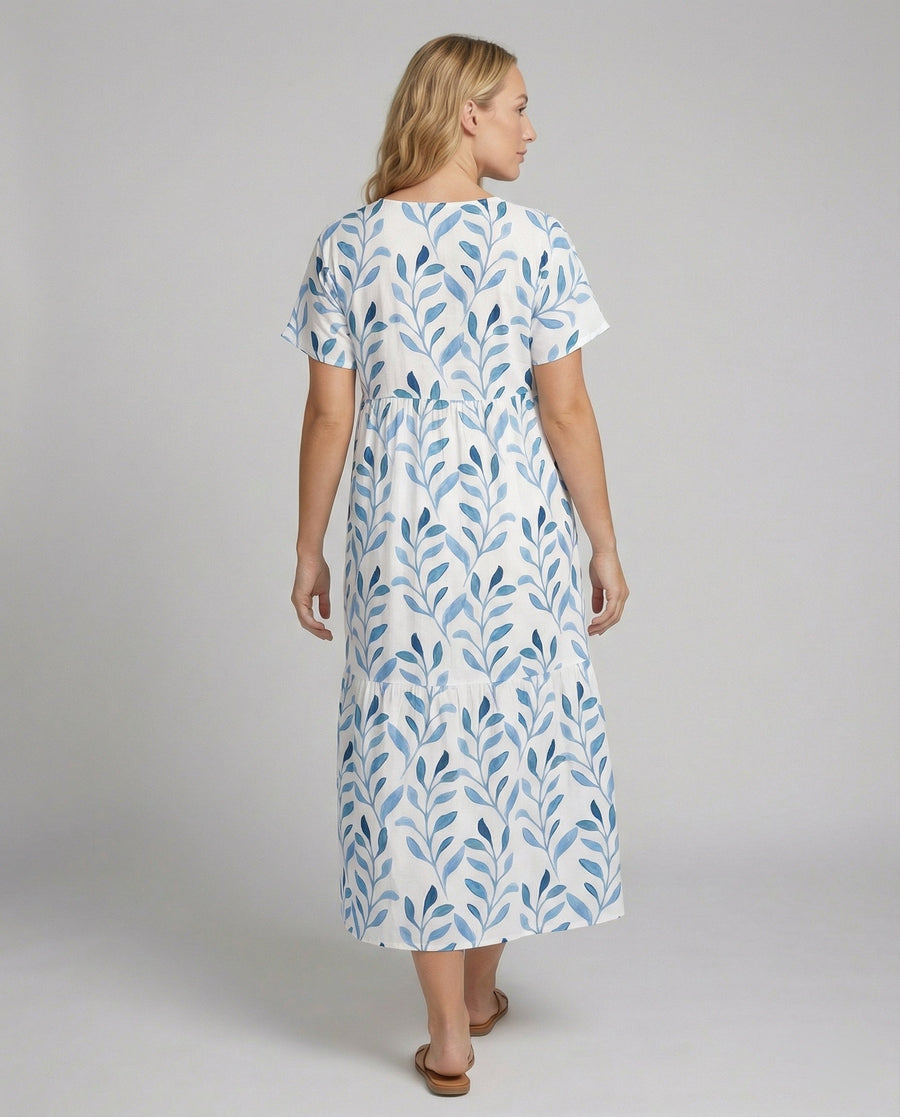 Blue Leaf Print Relaxed Midi Dress with V-Neckline and Short Sleeves