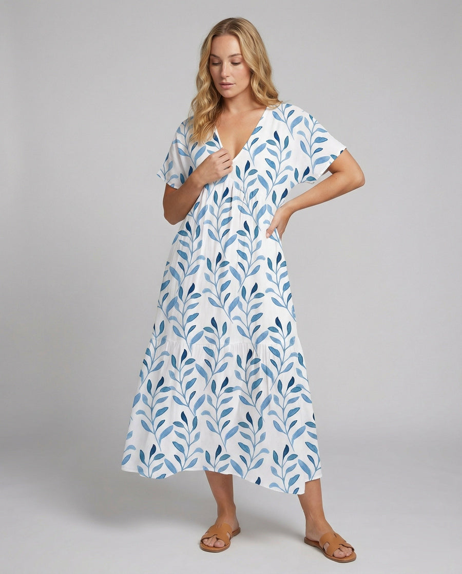 Blue Leaf Print Relaxed Midi Dress with V-Neckline and Short Sleeves