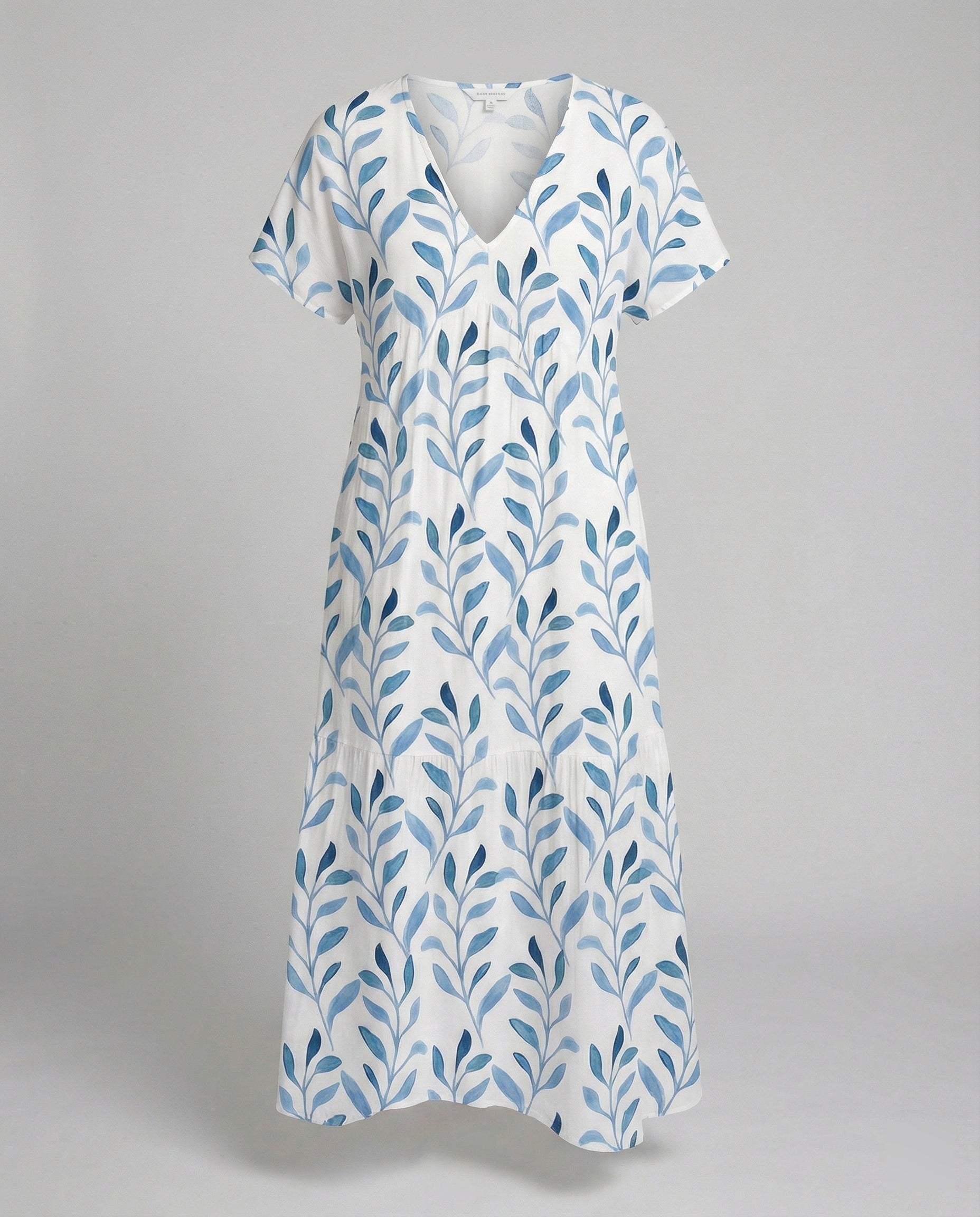 Blue Leaf Print Relaxed Midi Dress with V-Neckline and Short Sleeves