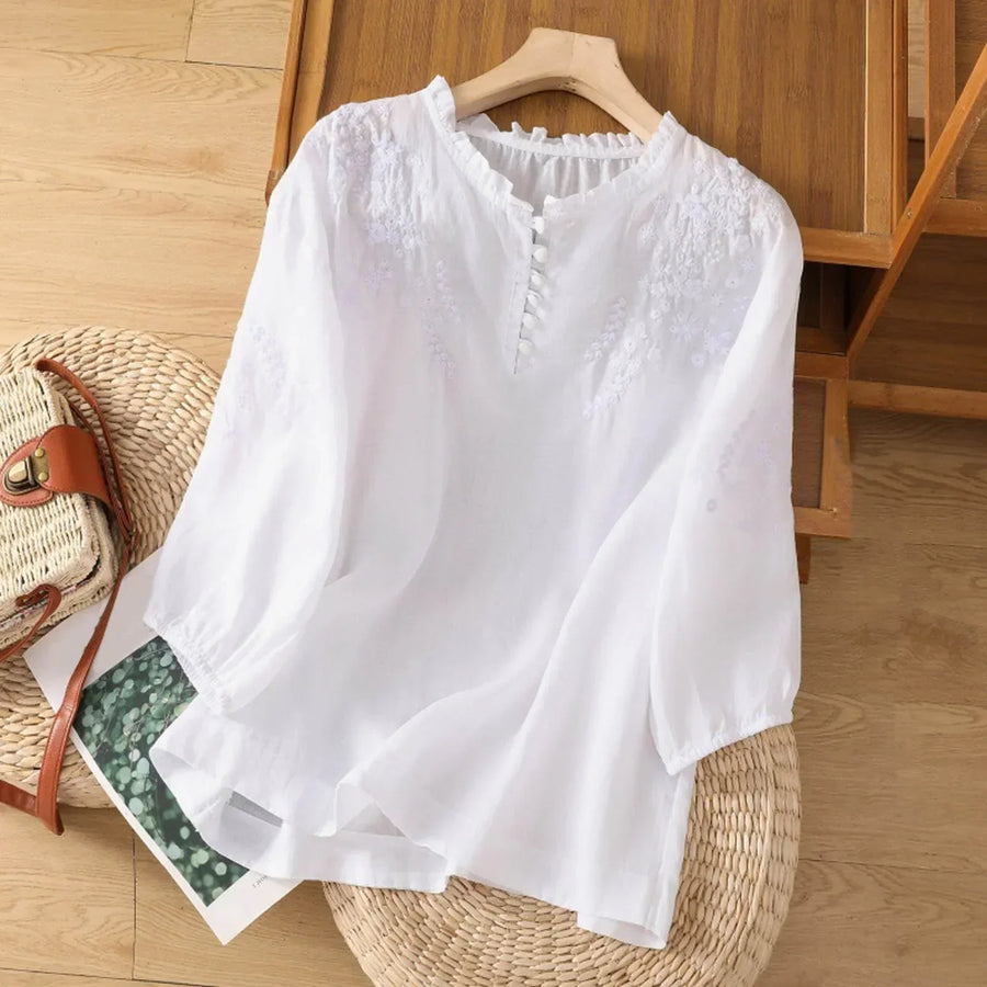 Bohemian Blouse with Floral Embroidery and Ruffle Neckline