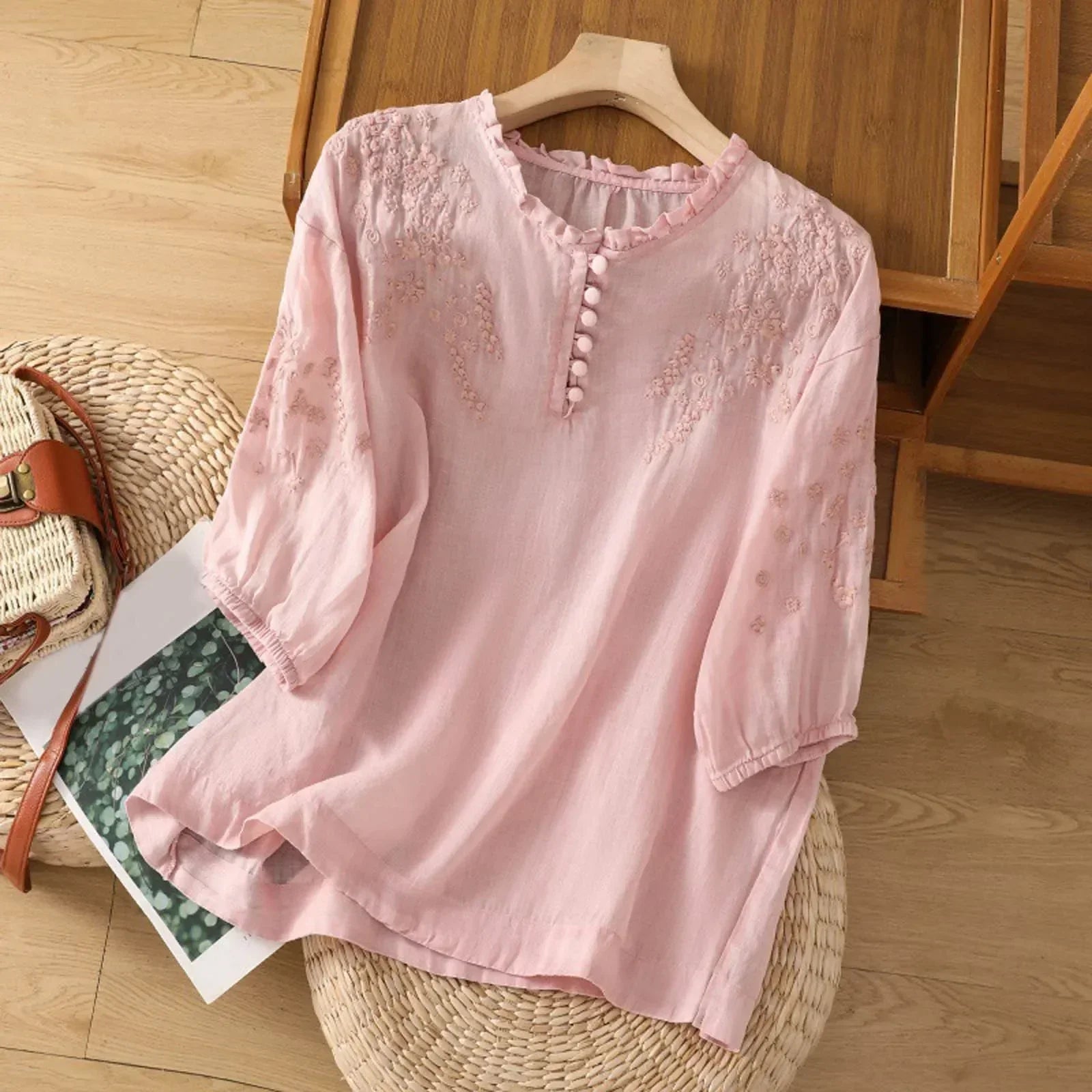 Bohemian Blouse with Floral Embroidery and Ruffle Neckline