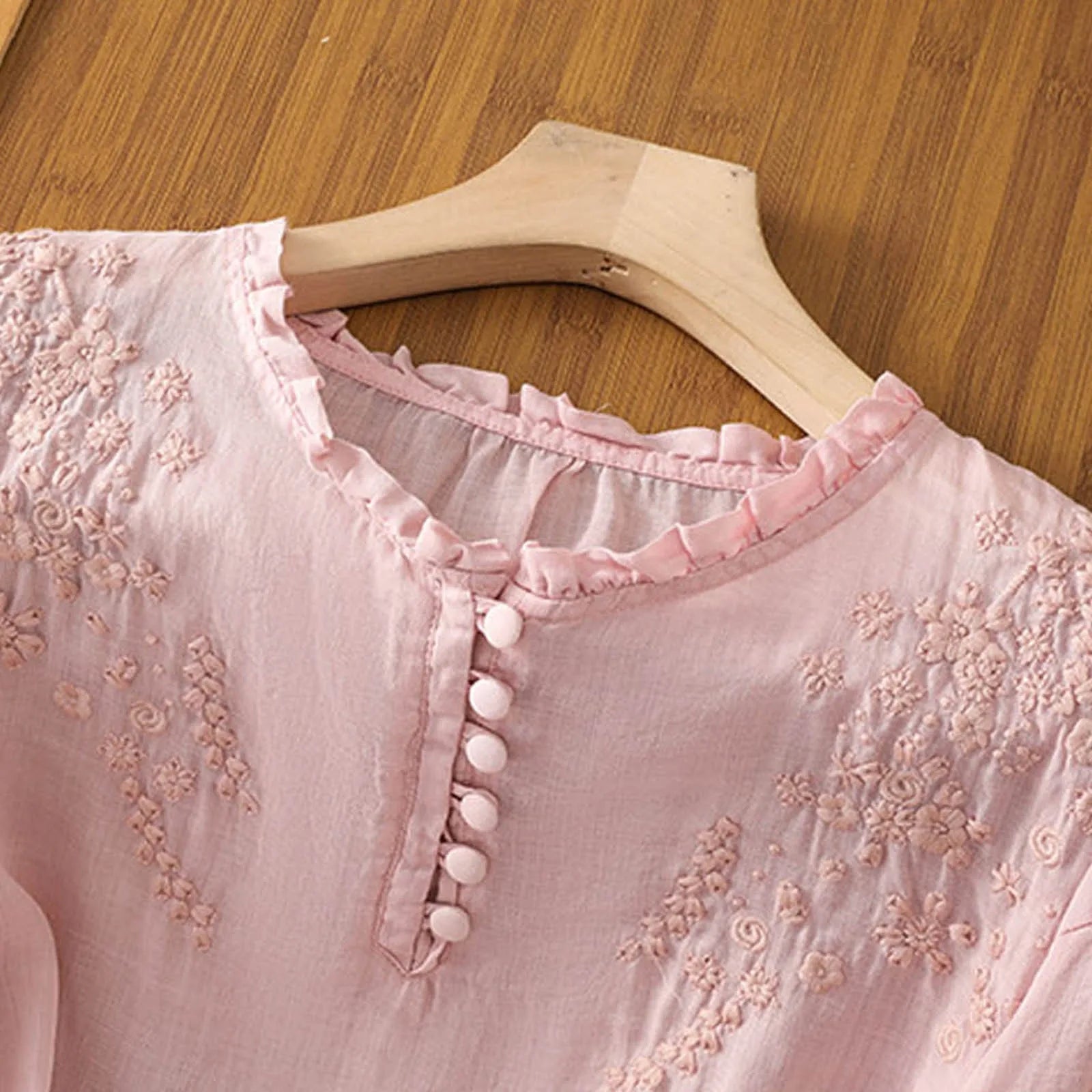 Bohemian Blouse with Floral Embroidery and Ruffle Neckline
