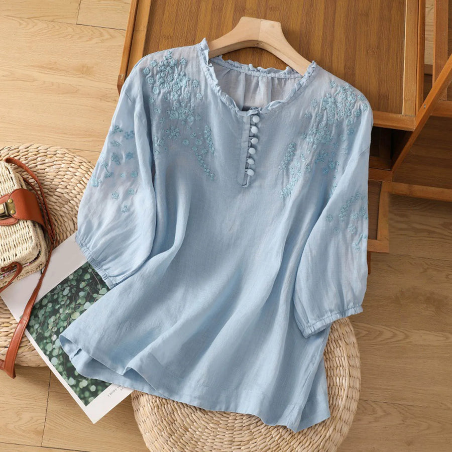 Bohemian Blouse with Floral Embroidery and Ruffle Neckline