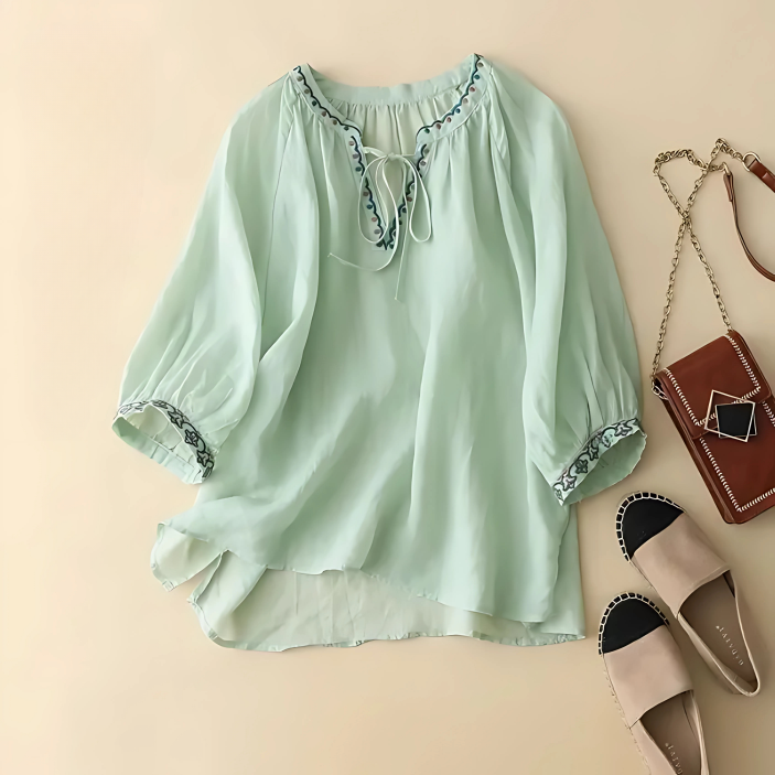 Bohemian Embroidered Linen Blouse with Tie Neck and Three Quarter Sleeves