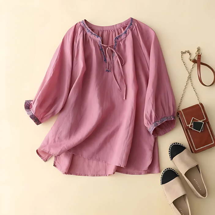Bohemian Embroidered Linen Blouse with Tie Neck and Three Quarter Sleeves