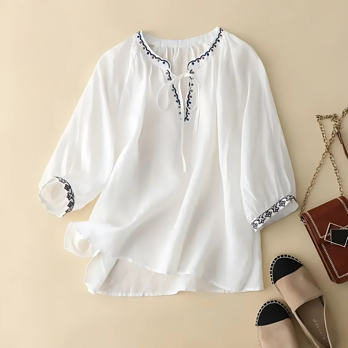 Bohemian Embroidered Linen Blouse with Tie Neck and Three Quarter Sleeves