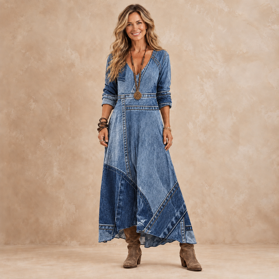 WISTERIA | DENIM-LOOK PATCHWORK MAXI DRESS