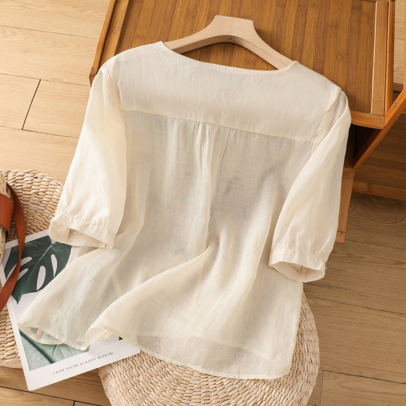 Boho Floral Embroidered Linen Blouse with Three Quarter Sleeves