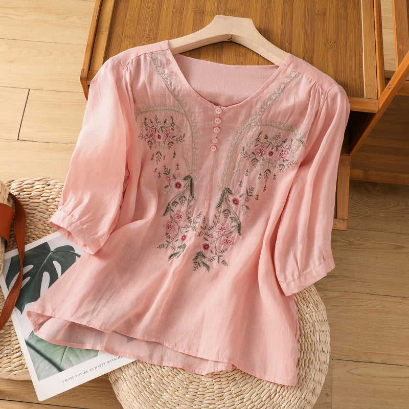 Boho Floral Embroidered Linen Blouse with Three Quarter Sleeves