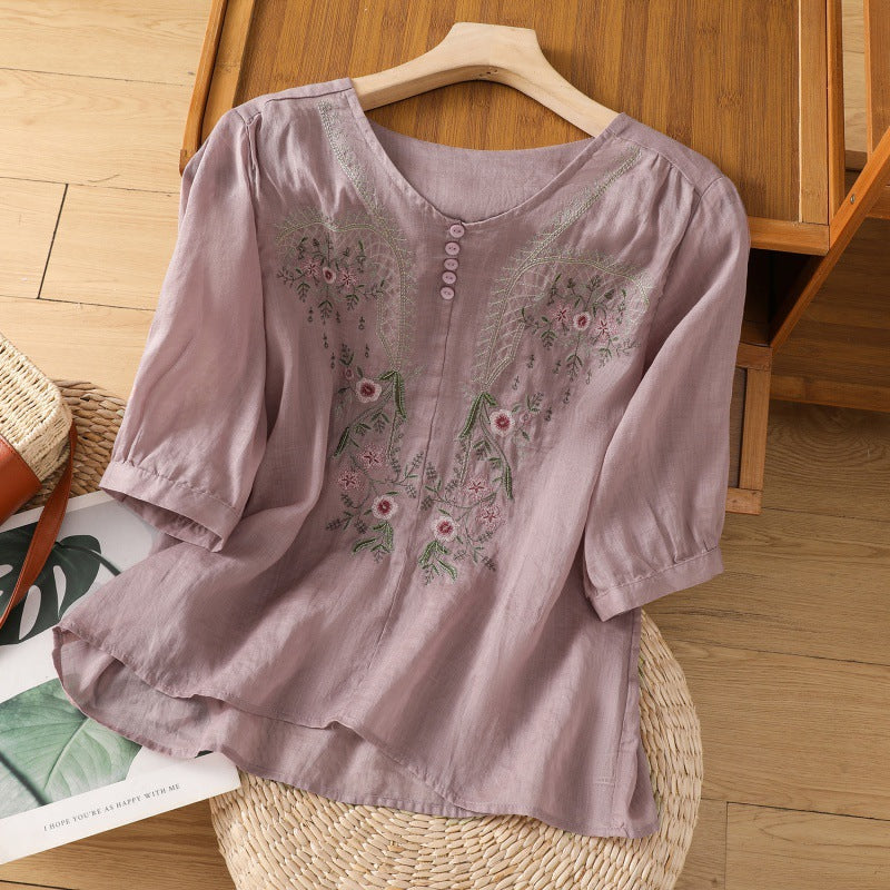 Boho Floral Embroidered Linen Blouse with Three Quarter Sleeves