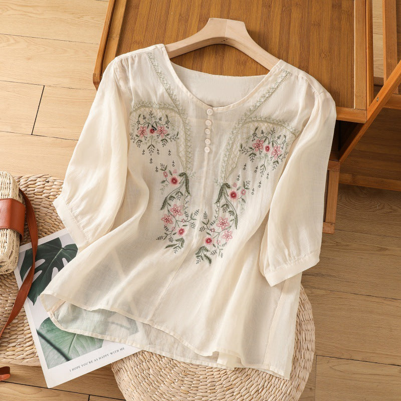 Boho Floral Embroidered Linen Blouse with Three Quarter Sleeves