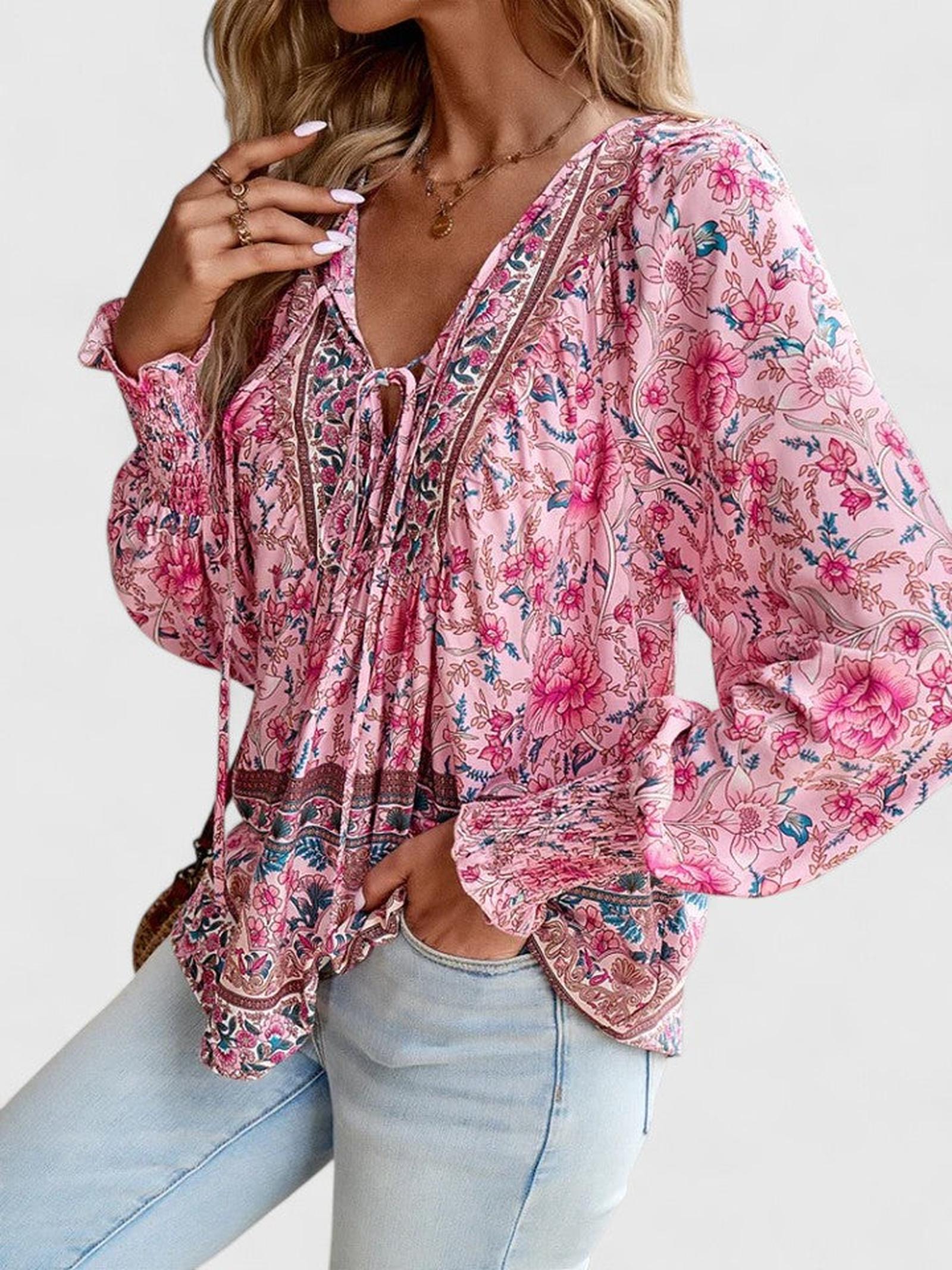 Boho Floral Print Blouse with Tie Neck and Smocked Cuffs