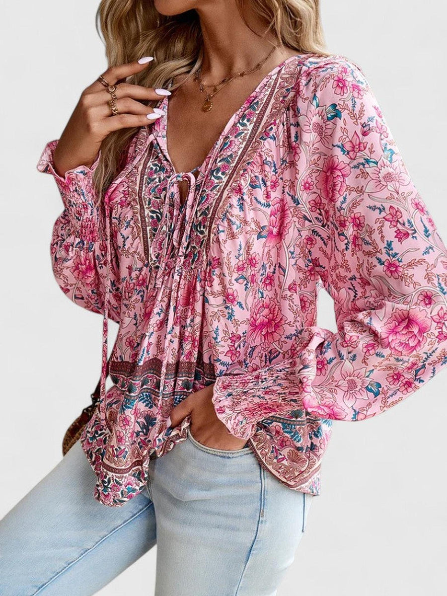 Boho Floral Print Blouse with Tie Neck and Smocked Cuffs