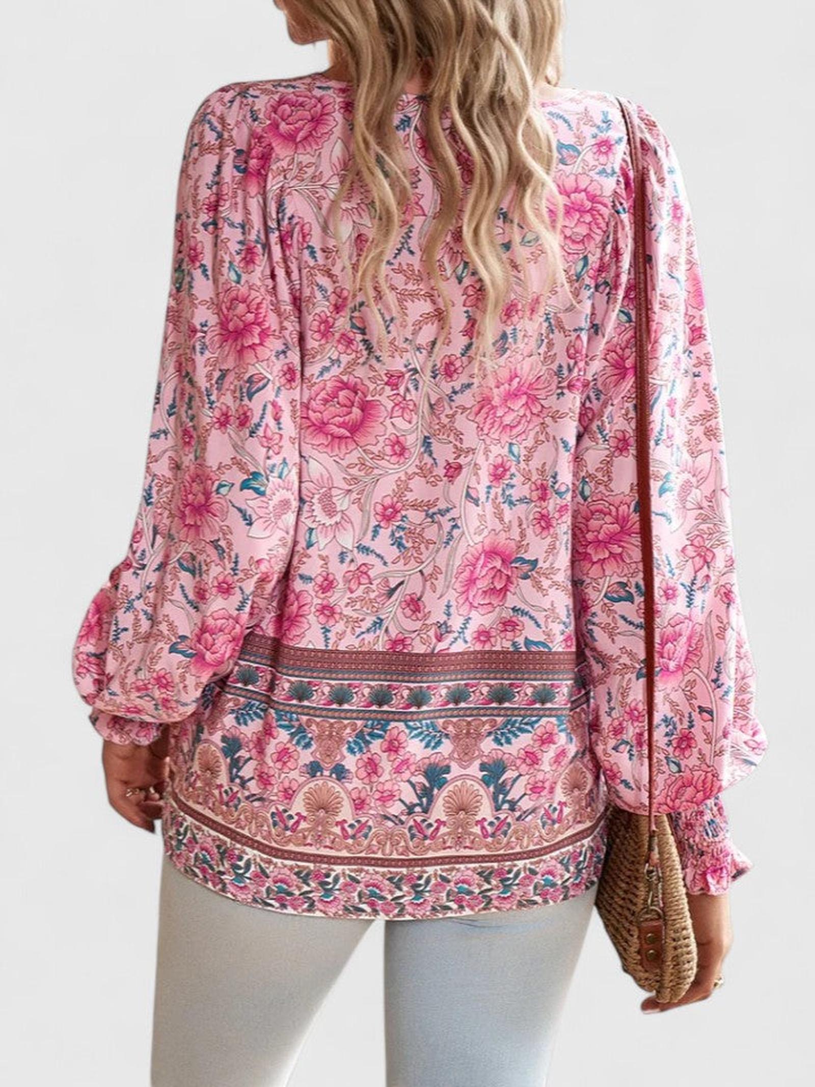 Boho Floral Print Blouse with Tie Neck and Smocked Cuffs