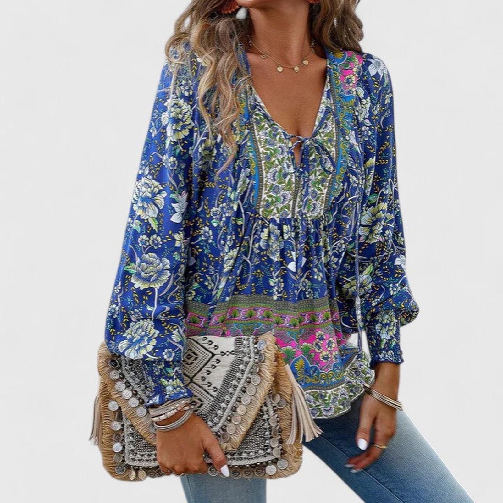 Boho Floral Print Blouse with Tie Neck and Smocked Cuffs