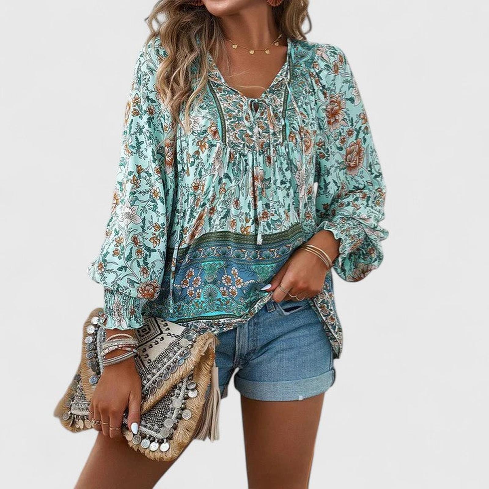 Boho Floral Print Blouse with Tie Neck and Smocked Cuffs