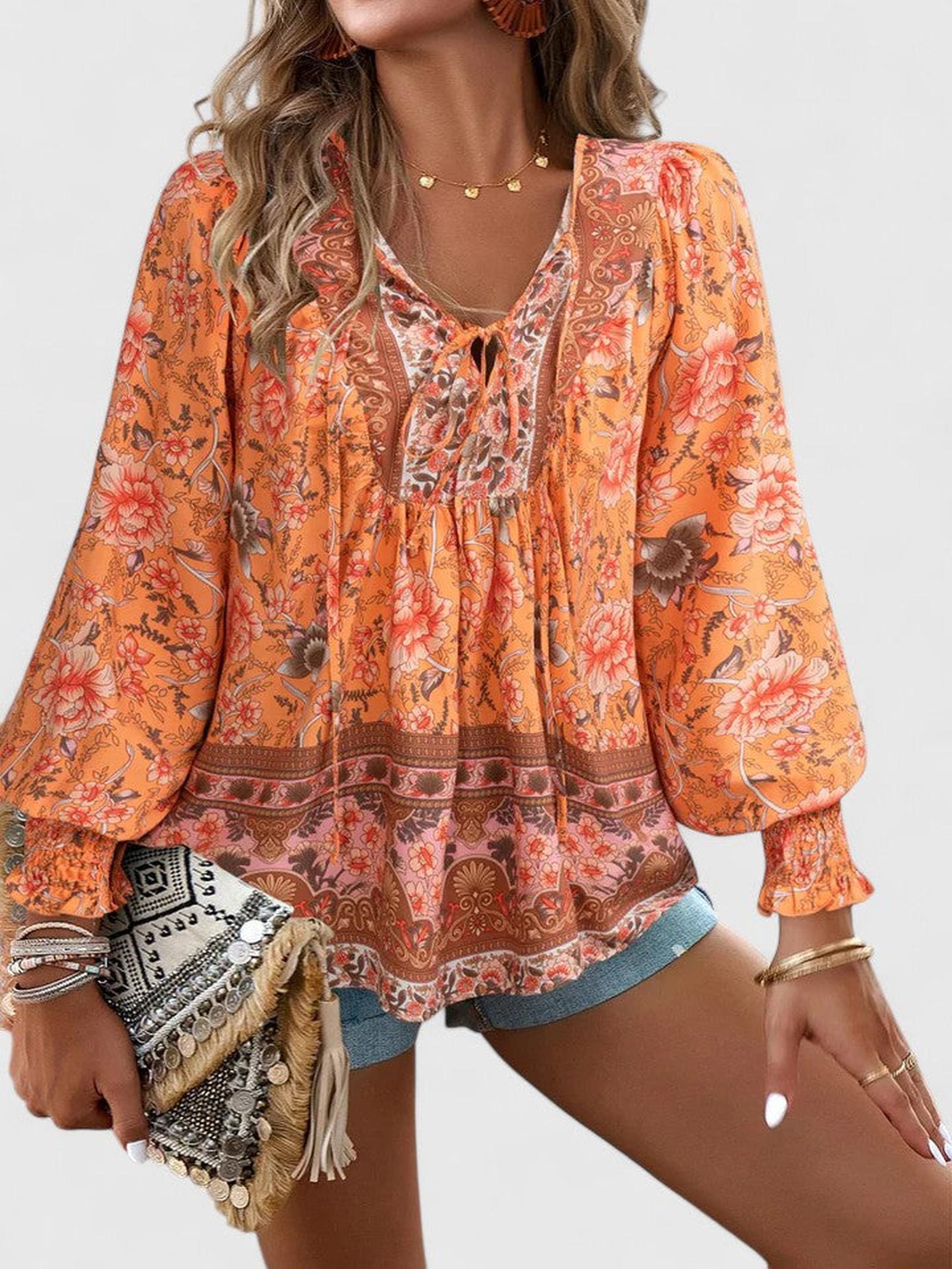 Boho Floral Print Blouse with Tie Neck and Smocked Cuffs