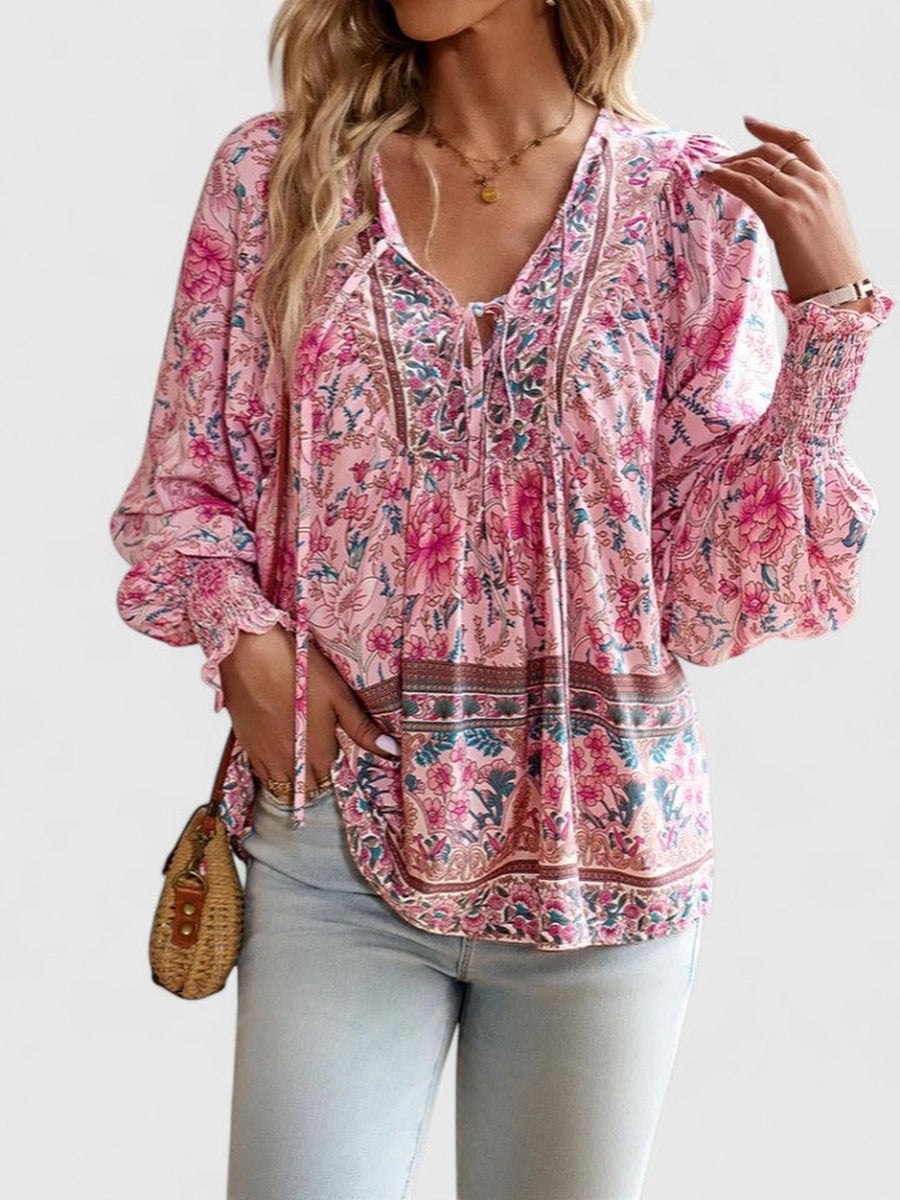 Boho Floral Print Blouse with Tie Neck and Smocked Cuffs