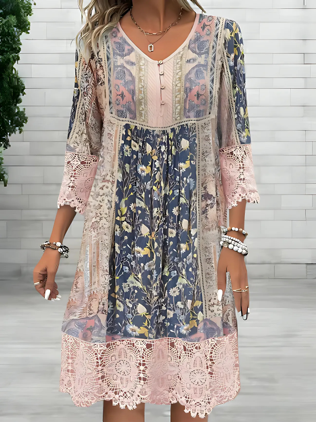 Boho Floral Print Dress with Lace Trim and Three Quarter Sleeves