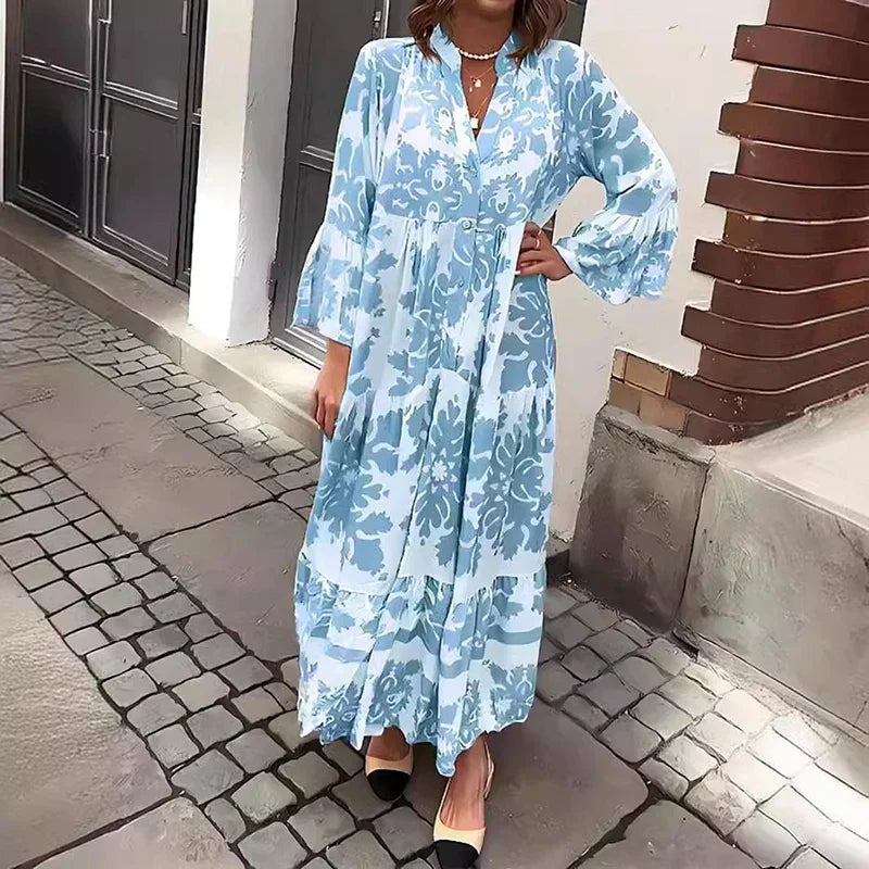 Boho Floral Print Maxi Dress with Puff Sleeves and Tiered Skirt