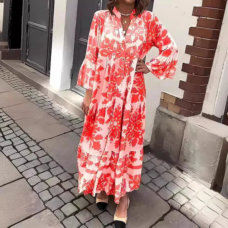 Boho Floral Print Maxi Dress with Puff Sleeves and Tiered Skirt