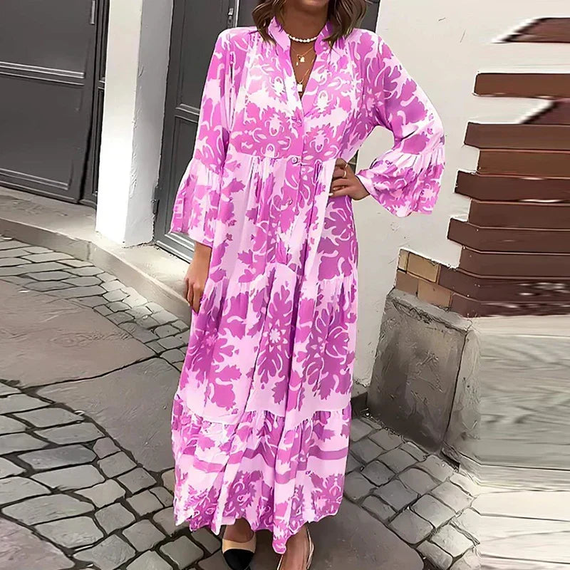 Boho Floral Print Maxi Dress with Puff Sleeves and Tiered Skirt