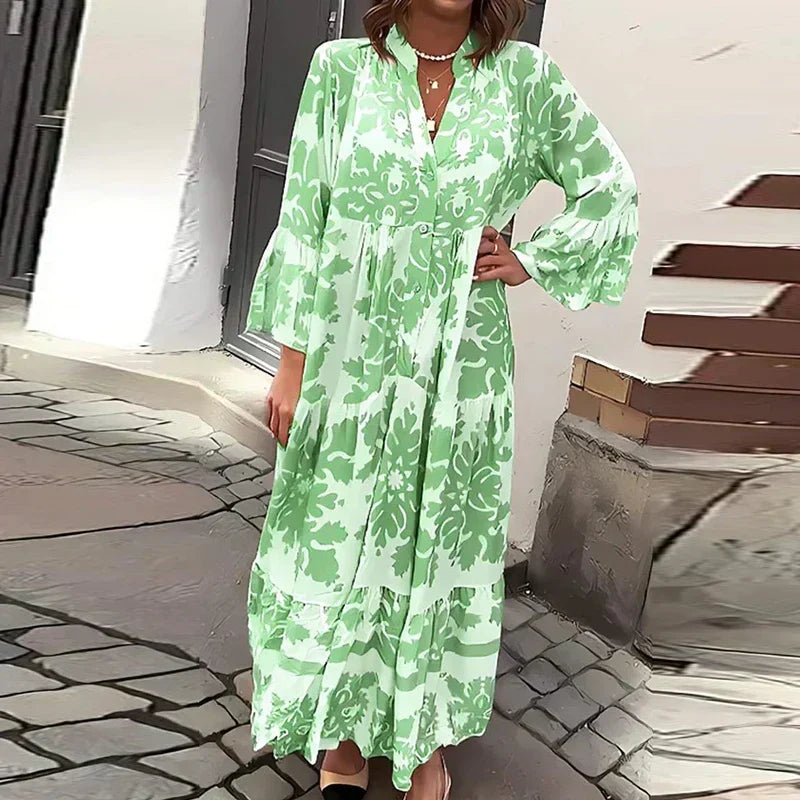 Boho Floral Print Maxi Dress with Puff Sleeves and Tiered Skirt